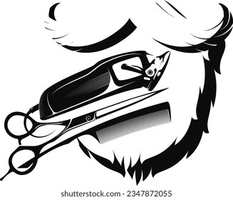 Beard with mustache, scissors comb and clipper. Design for barbershop and mens beauty salon