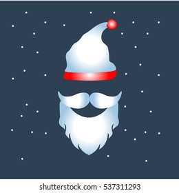 Beard with mustache and white hat of Santa Claus icon on dark snowy background