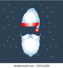 Beard with mustache and white hat of Santa Claus icon on dark snowy background