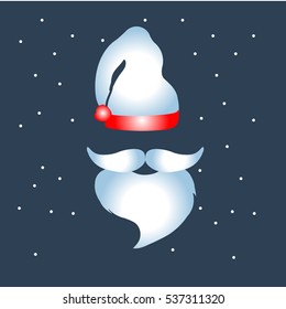 Beard with mustache and white hat of Santa Claus icon on dark snowy background