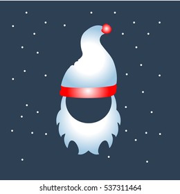 Beard with mustache and white hat of Santa Claus icon on dark snowy background