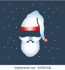 Beard with mustache and white hat of Santa Claus icon on dark snowy background