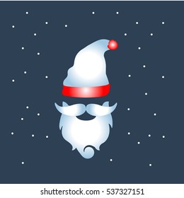 Beard with mustache and white hat of Santa Claus icon on dark snowy background