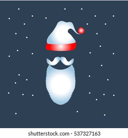 Beard with mustache and white hat of Santa Claus icon on dark snowy background