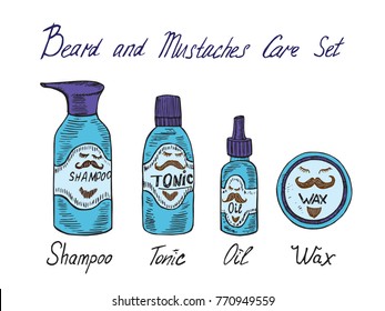 Beard and mustaches care blue set, shampoo, tonic, oil and wax with inscription, hand drawn doodle sketch, isolated vector illustration
