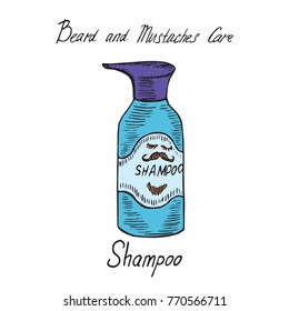 Beard and mustaches care shampoo blue bottle with inscription, hand drawn doodle sketch, isolated vector illustration
