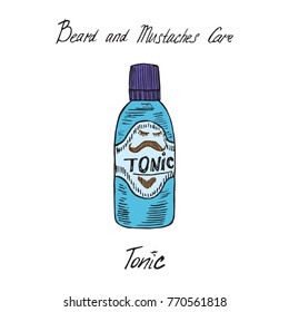 Beard and mustaches care tonic blue bottle with inscription, hand drawn doodle sketch, isolated vector illustration