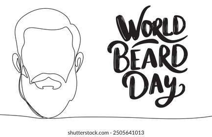 Beard one line continuous. World Beard Day text lettering. Hand drawn vector art