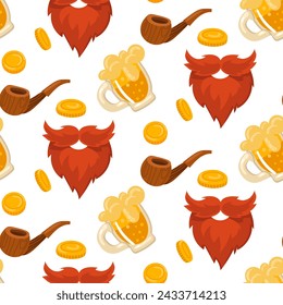 Beard pattern, pipe, beer, coin. Vector seamless pattern for St. Patrick's Day. Attributes of a leprechaun on a white. Celebration at the bar. Luck, wealth, flower, holiday, packaging, repeat
