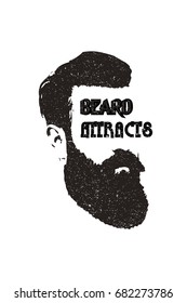 Beard retro logo with BEARD ATTRACTS text. Beard man vector silhouette on white background.