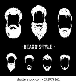 Beard set with grunge style white on black. Vector illustration