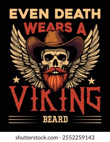 Beard with skull t-shirt design.a skull wear hat with wings graphic vintage design.