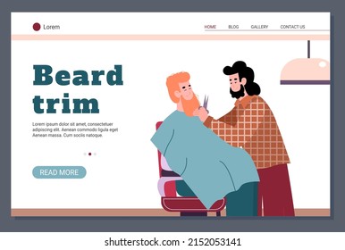 Beard trim barber salon website layout, flat cartoon vector illustration. Professional beauty and haircut styling procedures web banner or landing page mockup.