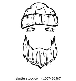 Beard and warm knitted hat. The elements of a sailor. Hand-drawn old man. Hipster design. Winter clothes.