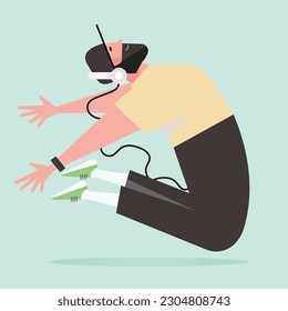 Beard young man with cap listening music from headphones is in jumping pose. 