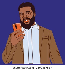 A beard young man checking his cell phone messages smiling