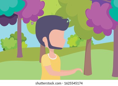 beard young man forest trees grass foliage cartoon vector illustration