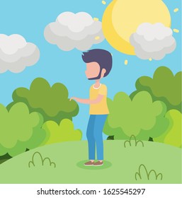 beard young man walking grass foliage bush sun sky vector illustration