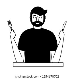 beardded man holding fork and knife
