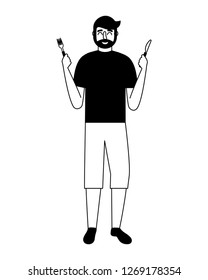 beardded man holding fork and knife