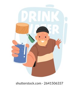 Bearded adult hipster guy character offering bottle of refreshment liquid exhorting to drink water cartoon advertising poster. Motivation for refreshment and healthy lifestyle vector illustration