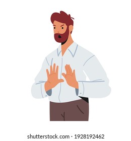 Bearded Adult Male Character Wearing Formal Wear Showing Refusal or Stop Gesture with Open Hand Palms front of Chest. Negative Emotions, Communication, Feelings Expression. Cartoon Vector Illustration