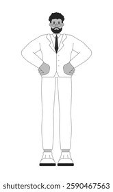 Bearded african american businessman in suit and glasses black and white 2D line character. Business leader standing man in formal wear isolated vector outline person. Monochromatic spot illustration