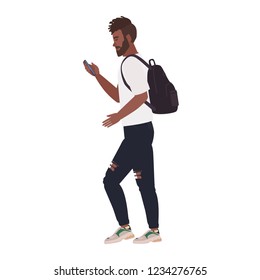 Bearded African American man wearing casual clothing and backpack using smartphone while walking. Young guy isolated on white background. Side view. Colored vector illustration in flat cartoon style.