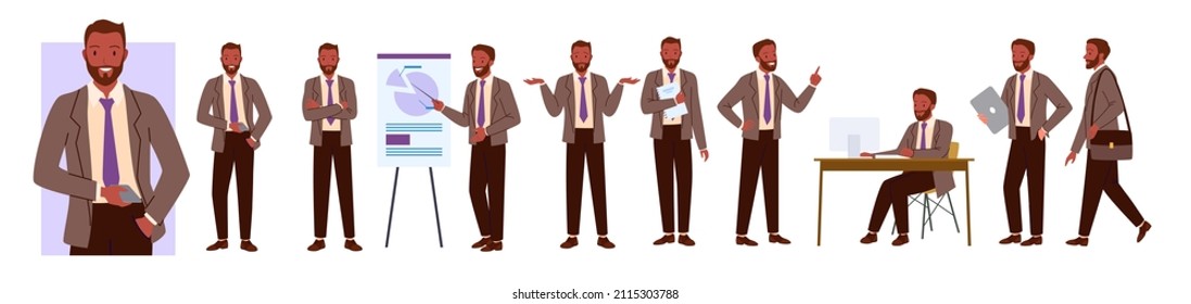 Bearded african businessman in classical suit character wide set. Working day poses of african american office manager, executive company worker consultant cartoon vector illustration