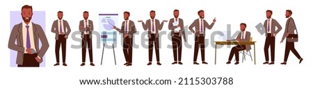 Bearded african businessman in classical suit character wide set. Working day poses of african american office manager, executive company worker consultant cartoon vector illustration