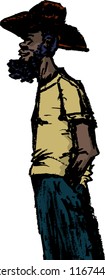 Bearded African man in cowboy hat with hands in pockets