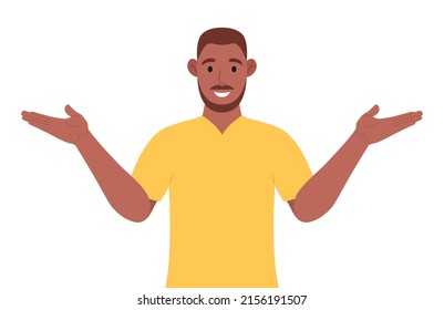 A bearded African man is wearing a yellow t-shirt and pointing to the side and showing something. Vector illustration.