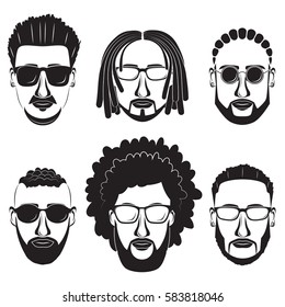 Bearded african men hipsters with different hairstyles.