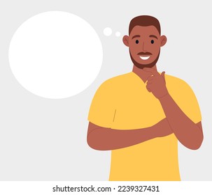 Bearded afro american man thinking. Pondering on particular belief or idea, empty cloud bubble for text or image. Vector illustration.