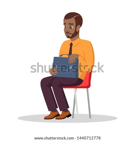 Bearded afro-american man sitting on chair with briefcase. Thoughtful african guy in formal costume waiting for meeting with physician, banking consultant to obtain credit or job interview. Vector.