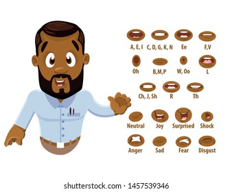 Bearded afro-american young man in blue shirt shows to set of mouth, teeth positions. Lip sync collection. Male facial expressions, mood. Can be used for animation. Cartoon vector isolated on white.