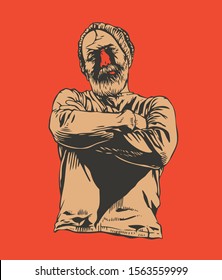 Bearded alcoholic with a red nose. vector illustration