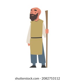 Bearded Arab Man Standing in Traditional Muslim Dress and Wide Pants Holding Cane Vector Illustration