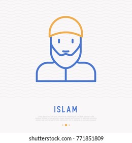 Bearded arabic man in muslim hat thin line icon. Modern vector illustration.