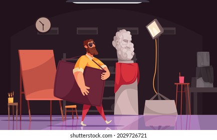 Bearded artist leaving his studio with case on background with easel portrait sculpture and other equipment cartoon vector illustration