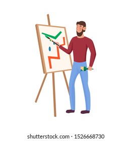 Bearded artist in a red shirt and blue pants paint on the easel. Vector illustration on a white background.