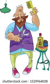 A bearded bald barber with scissors in his hand. Fashion designer at workplace.