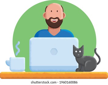 Bearded bald man working in home office