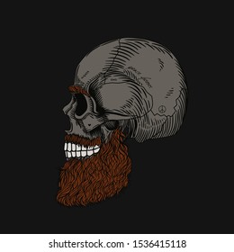 Bearded bald skull with ginger hair and tattoo. Stylish men's beard, profile view. Picture for halloween, barbershop and clothes.