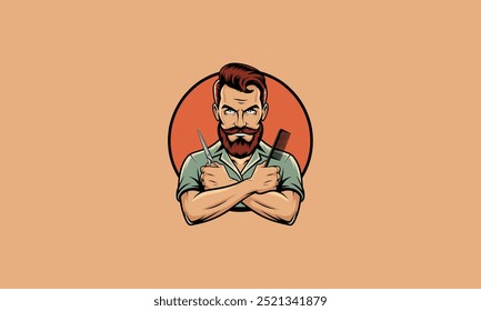 Bearded barber holding scissors and comb in a confident pose.