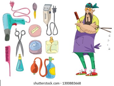 A bearded barber supplied with set of stuff for barbershop, hairdressing and beauty care salon. Caricature. Cartoon.