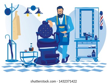 Bearded Barber Wearing Apron with Haircut Tools Waiting Client in Barbershop Stand near Chair, Gentlemanly Salon for Haircutting. Beauty Club for Men Fashion Service, Cartoon Flat Vector Illustration