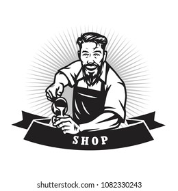 Bearded Barista Man Making Coffee Latte Art Cafe Logo Design Template Icon