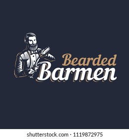 Bearded barmen, barkeeper or bartender in work silhouette with shaker logo design on black background - Hand drawn man with beard and mustache vector illustration. Gold and white vintage emblem design