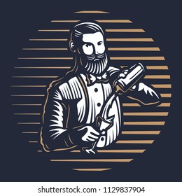 Bearded barmen, barkeeper or bartender in work silhouette with shaker logo design on black background - Hand drawn man with beard and mustache vector illustration. Gold and white vintage emblem design